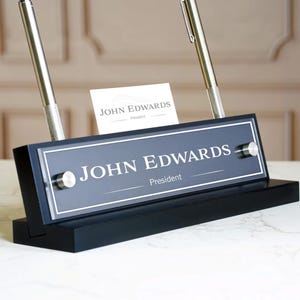 Personalized Desk Name Plate with Pen and Business Card Holder. Made Exclusively by Garo Signs. Size 10&quot; x 2.5&quot;