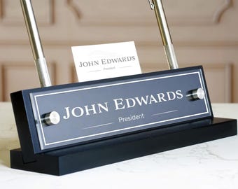 Personalized Desk Name Plate with Pen and Business Card Holder. Made Exclusively by Garo Signs. Size 10" x 2.5"