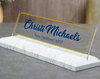 White and Gold Marble Finish Classic Desk Name Plate.  Plaque made Exclusively by Garo Signs. Size 10" x 2.5”