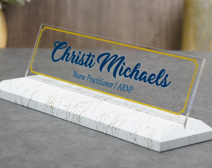 White and Gold Marble Finish Classic Desk Name Plate.  Plaque made Exclusively by Garo Signs. Size 10" x 2.5”