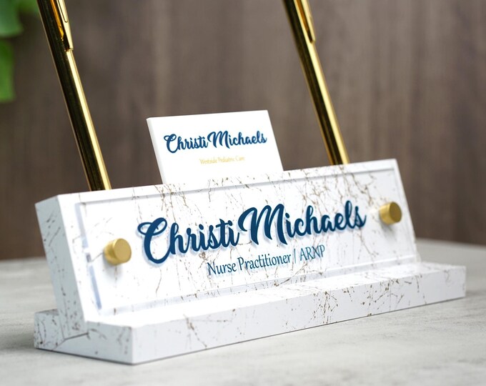 Personalized Desk Name Plate Marbled with Gold Hardware - Wood and Acrylic Sign Made Exclusively by Garo Signs. Size 10" x 2.5"