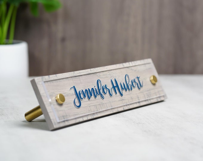 Personalized Desk Name Plate. Rustic Wood and Acrylic Sign with Gold Hardware. Made Exclusively by Garo Signs. Size 10" x 2.5"
