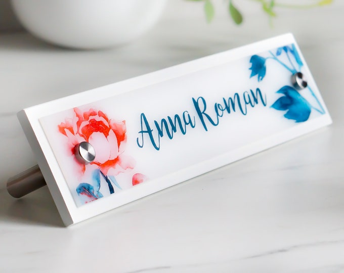 Home Office Furniture / Desk Name Plate Accessories / Floral Decor / Acrylic Desk Plate 10 x 2.5 inches