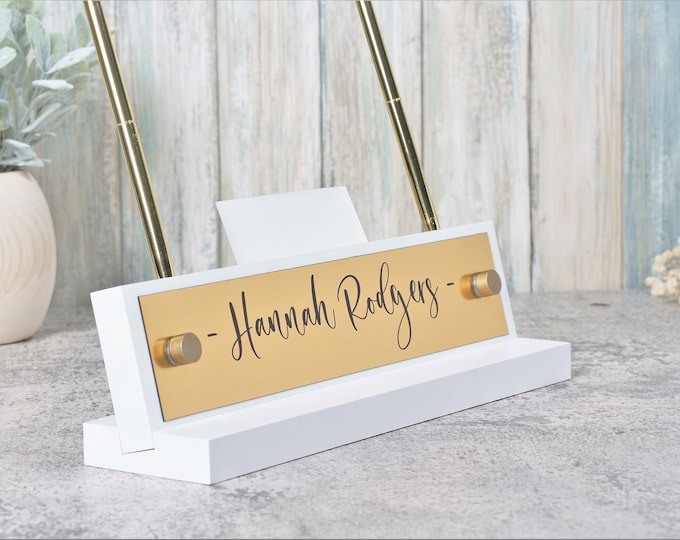 Desk Accessories / Desk Name Plate with Pen and Card Holder / For Him or Her/ Promotion Gift 10 x 2.5 inches