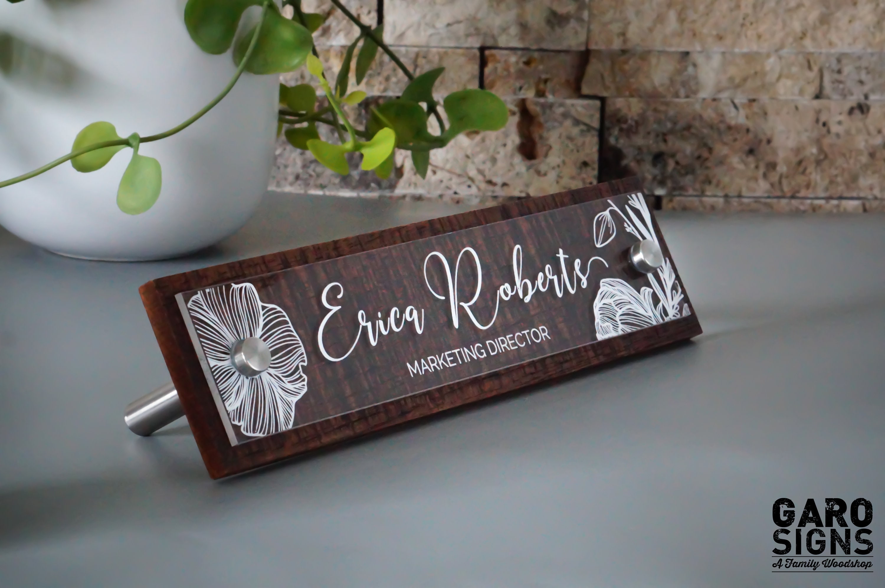Rustic desk name plate espresso or reclaimed grey custom office 