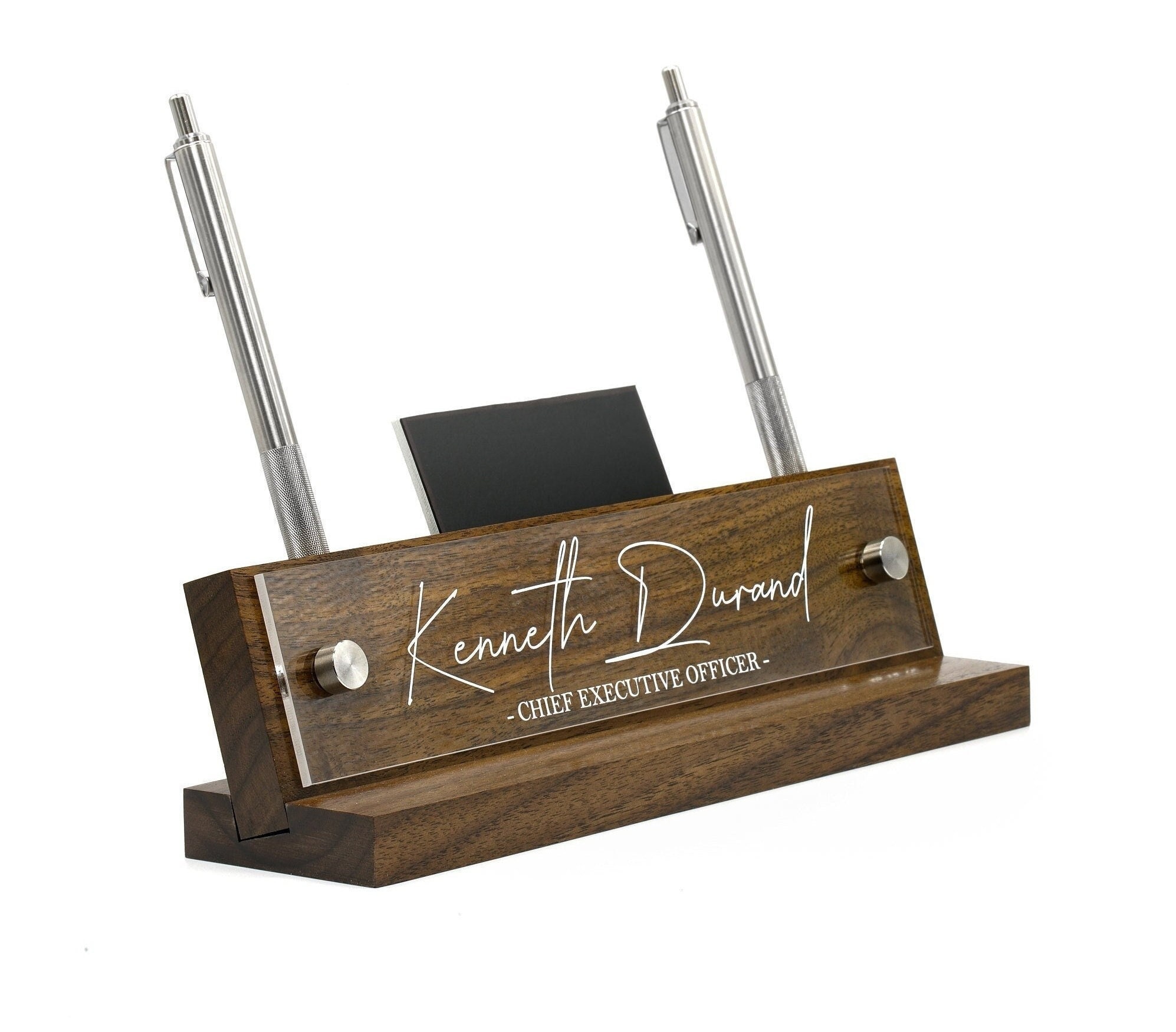 Personalized Executive Desk Name Plate. Pen and Business Card Holder slots included -   Plaque made Exclusively by Garo Signs.