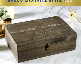 Wood Memory Box, Rustic Wooden Keepsake Box, Personalized Engraved Gift Box, Wedding Memory Chest, Jewelry or Photo Box, Couple's Custom Box