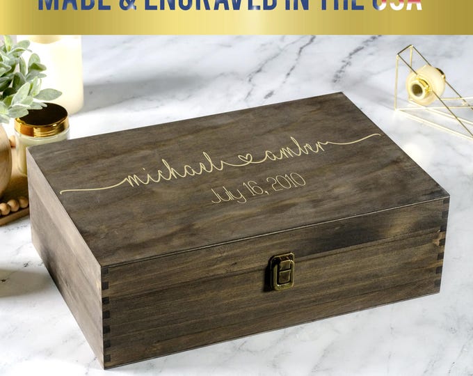 Wood Memory Box, Rustic Wooden Keepsake Box, Personalized Engraved Gift Box, Wedding Memory Chest, Jewelry or Photo Box, Couple's Custom Box