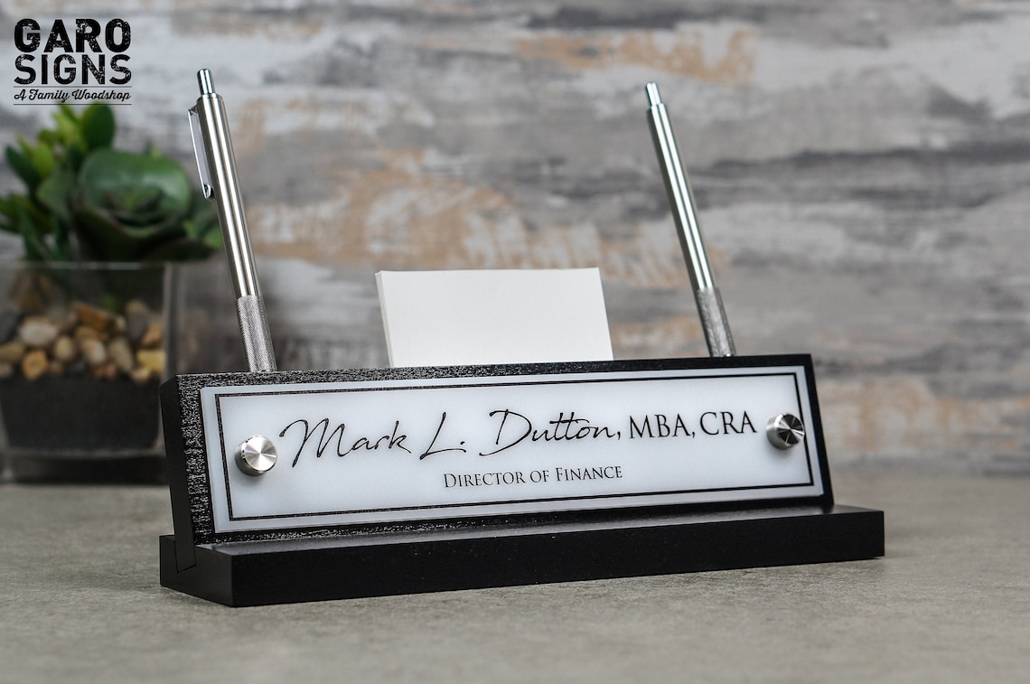 Wood Desk Name Plate with Pen Holder / Card Holder / Office Etsy