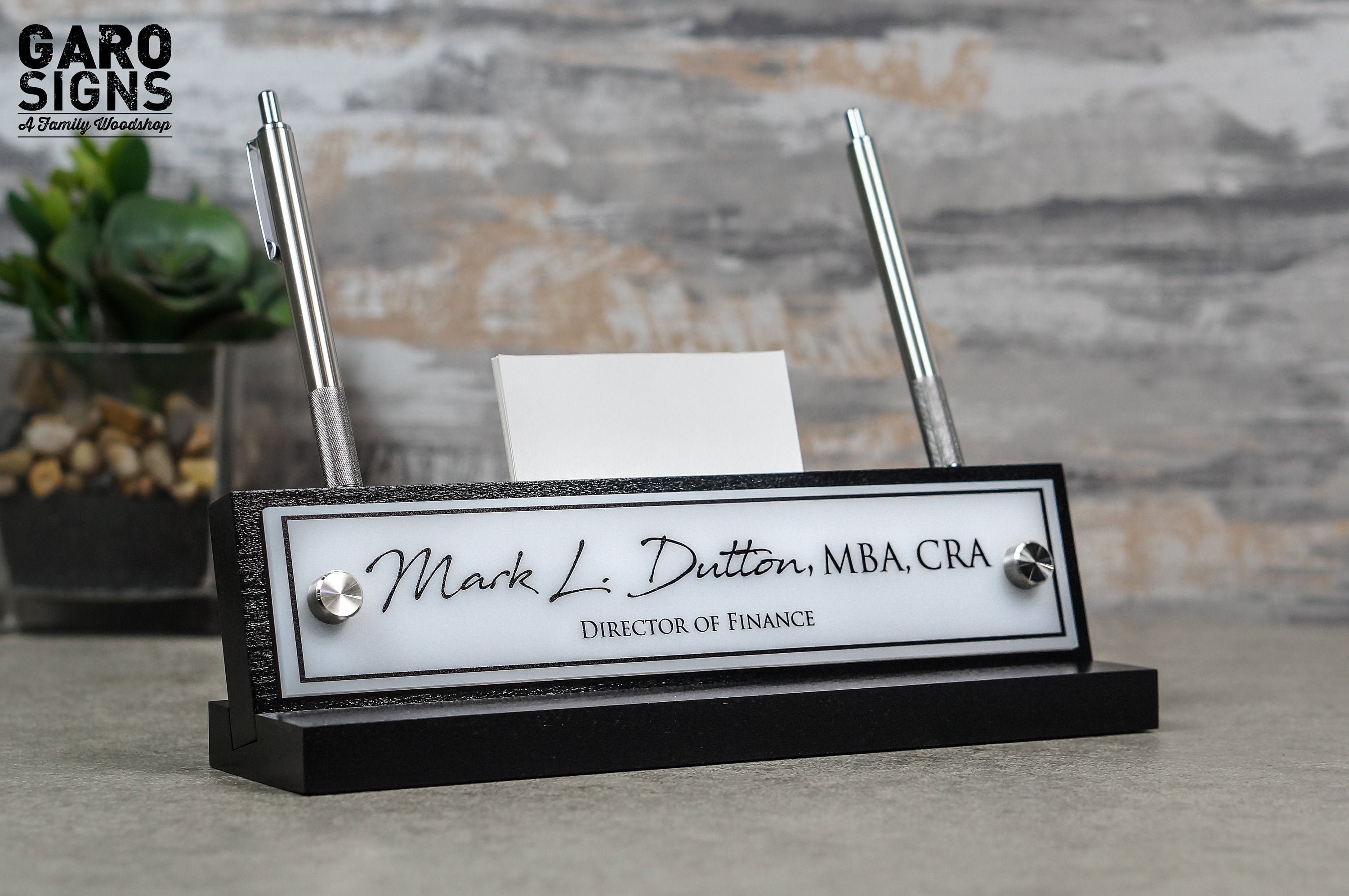 Wood Desk Name Plate with Pen Holder / Card Holder / Office Sign