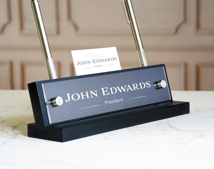 Personalized Desk Name Plate with Pen and Business Card Holder. Made Exclusively by Garo Signs. Size 10" x 2.5"