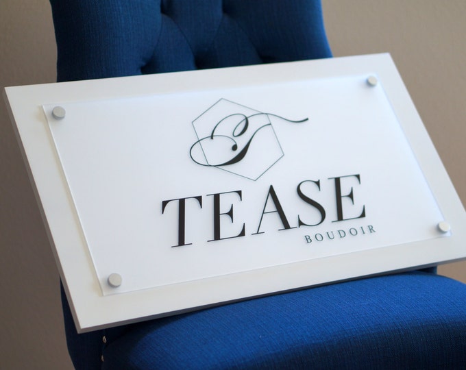 Custom Reception Desk Business Sign 15" x 26" shown in White and Frosted Acrylic