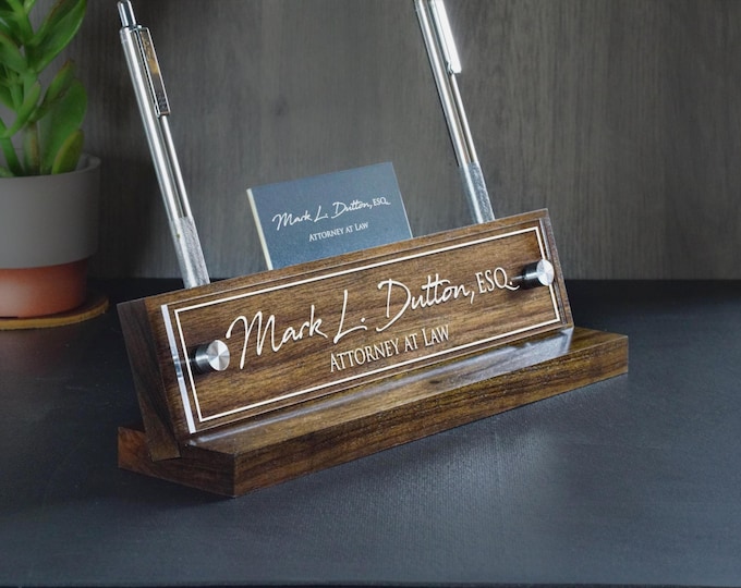 Custom Business Card Holder with Desk Name Sign and Pen Holder Included. Makes a great Dad Gift. Size 10" x 2.5"