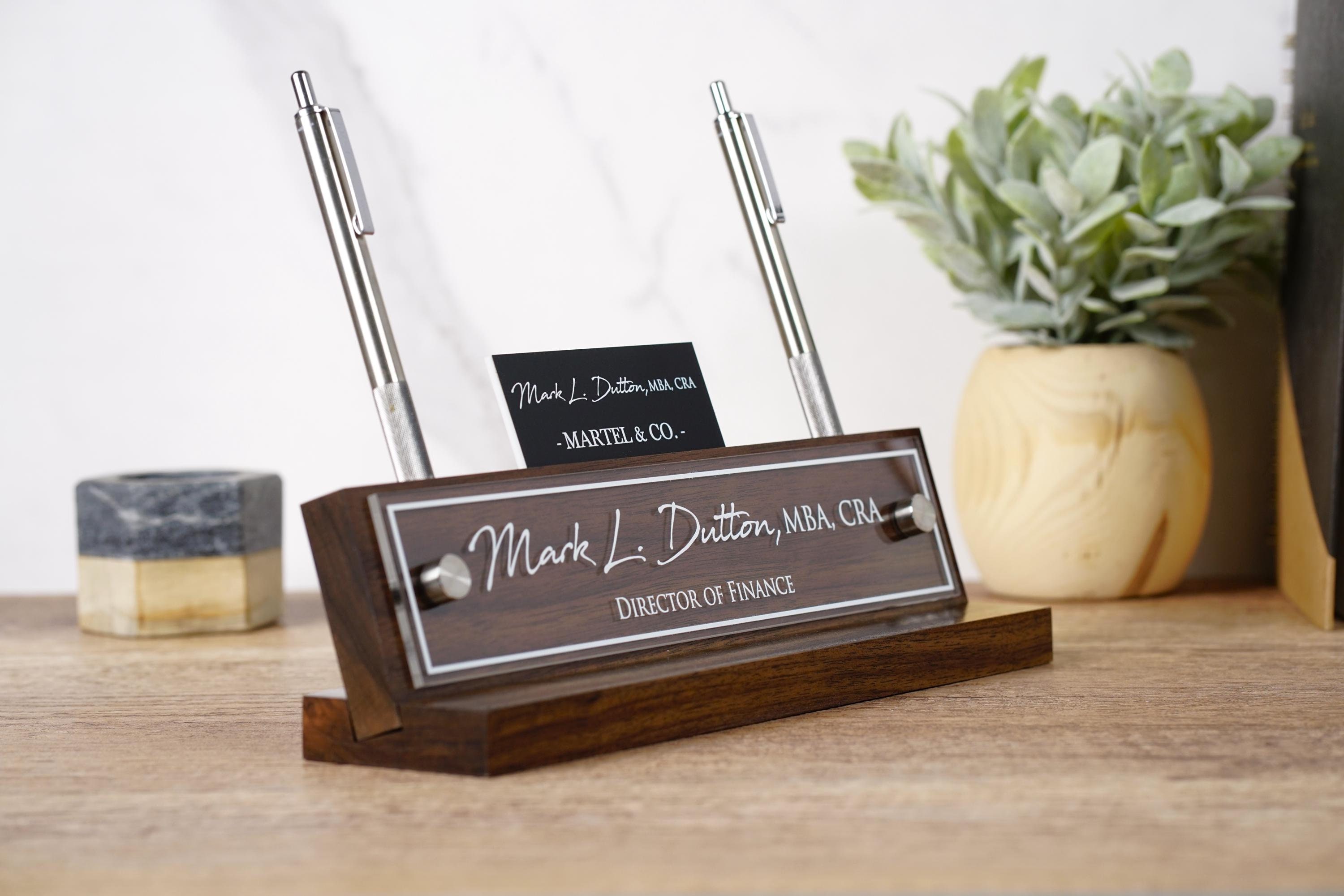 Personalized Executive Desk Name Plate. Pen and Business Card Holder slots included -   Plaque made Exclusively by Garo Signs.
