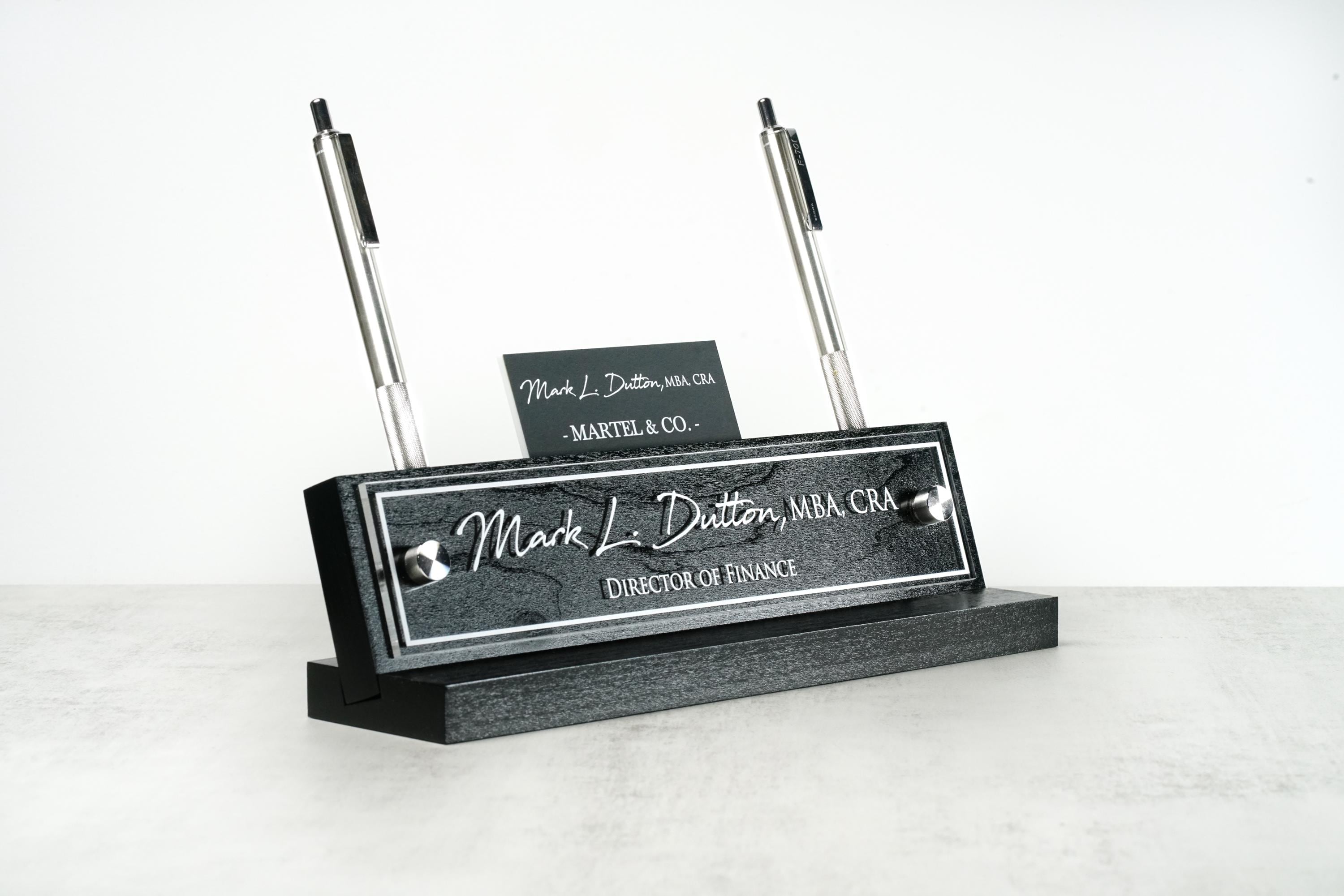 Personalized Executive Desk Name Plate. Pen and Business Card Holder slots included -   Plaque made Exclusively by Garo Signs.