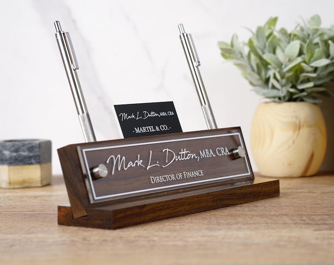 Personalized Desk Name Plate with Business Card Holder and Pen Holder. Desk Organizer.   Made Exclusively by Garo Signs. Size 10" x 2.5"