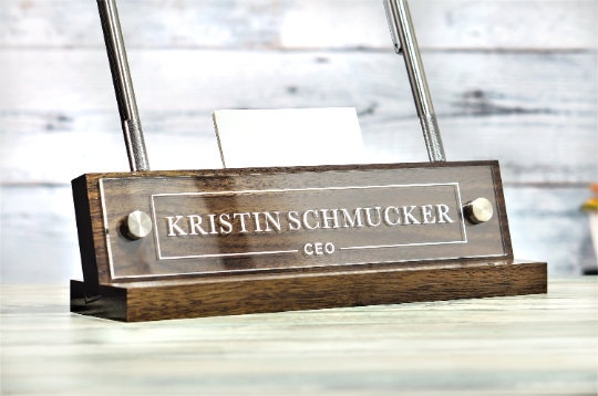Personalized Executive Desk Name Plate. Pen and Business Card Holder slots included -   Plaque made Exclusively by Garo Signs.
