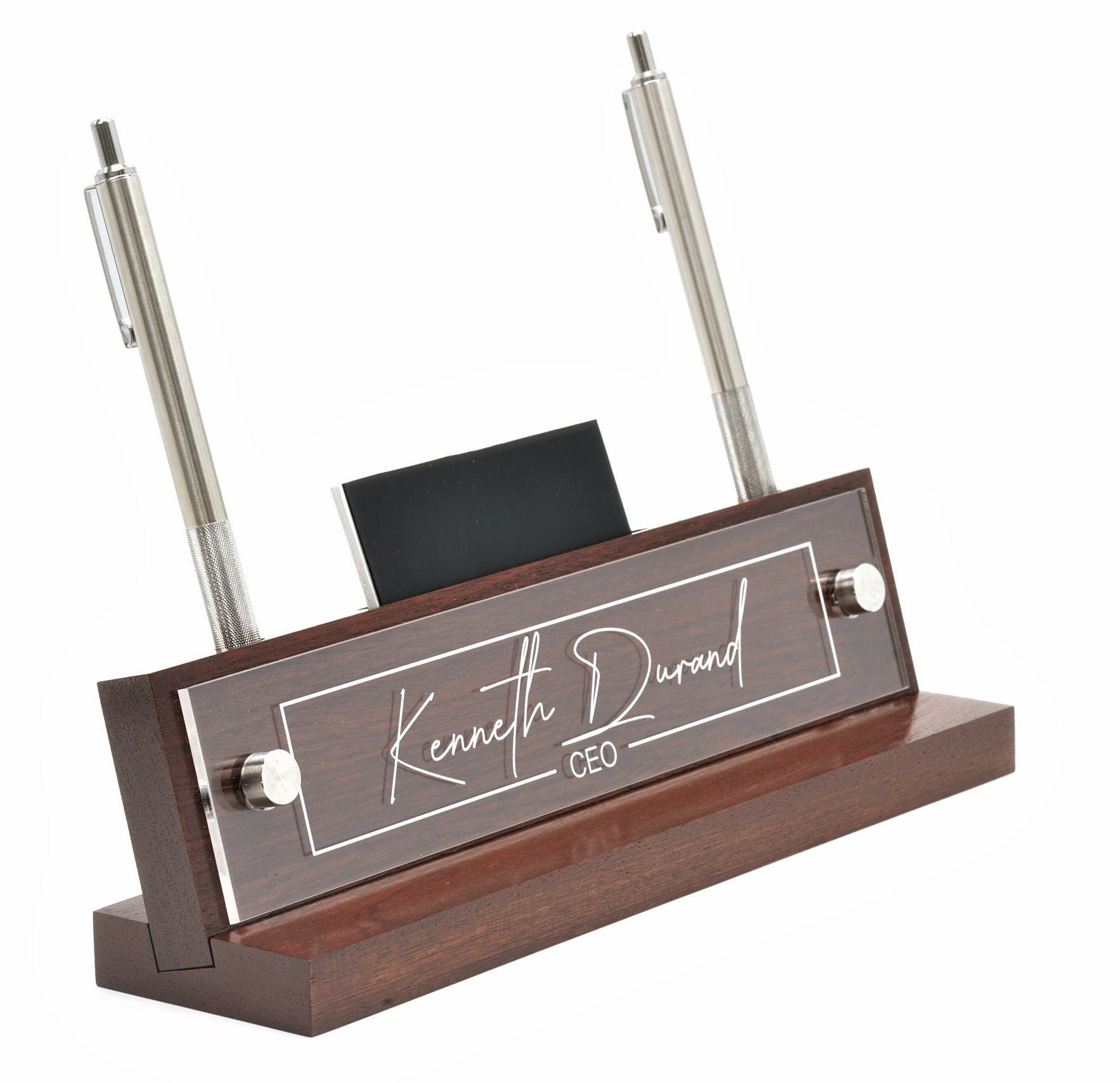 Personalized Executive Desk Name Plate. Pen and Business Card Holder slots included -   Plaque made Exclusively by Garo Signs.