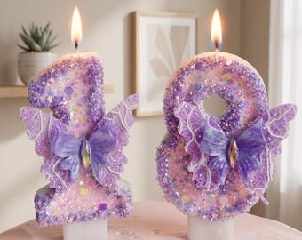 Handmade Purple Glitter Butterfly Number Candle Handmade Birthday Cake Topper Sparkle