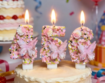 Handmade Pink Butterfly Flower Birthday Number Candles Glitter Cake Topper