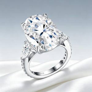 May include: A silver-toned ring featuring a large oval-cut center stone held by four prongs. Two smaller pear-cut stones are set on either side of the center stone. The band is stamped with S925 and includes small pavé-set stones along the sides.