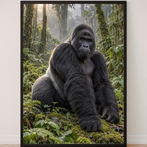 Puede incluir: Una impresión de arte de pared enmarcada que muestra a un gran gorila de espalda plateada sentado en una exuberante selva tropical. El gorila tiene un pelaje negro espeso y está posicionado entre rocas cubiertas de musgo y vegetación.