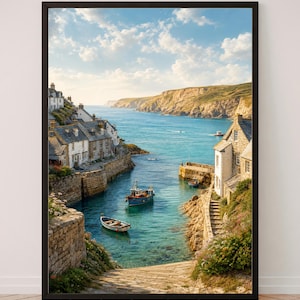 May include: A framed wall art print depicting a coastal harbour scene with stone cottages lining the water, two small boats floating in the turquoise sea, a stone slipway in the foreground, and high cliffs under a blue sky with white clouds.