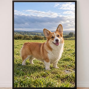 May include: A framed wall art print featuring a tan and white Pembroke Welsh Corgi standing in a grassy field. The dog has pointed ears, a white chest, and a happy expression with its mouth open. The background shows a rolling landscape.