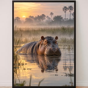 Könnte beinhalten: Ein gerahmter Wandkunstdruck, der ein Flusspferd zeigt, das während eines goldenen Sonnenaufgangs teilweise in einem ruhigen Gewässer untergetaucht ist. Die Szene umfasst hohes Gras, neblige Umgebung und Palmen im Gegenlicht.