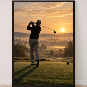 Puede incluir: Una impresión artística enmarcada que muestra la silueta de un golfista realizando un swing en un campo verde al amanecer. Se observa a una persona con gorra, camisa oscura de manga larga y pantalones claros ante un paisaje dorado y brumoso.