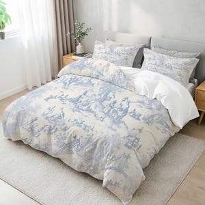 Dekbedovertrek met klassieke blauwe toile-landschapsprint, 3-delige beddengoedbundel geleverd met 2 kussenslopen voor queensize kingsize bedden.