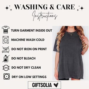 May include: A dark gray t-shirt with short sleeves. The image includes washing instructions: turn garment inside out, machine wash cold, do not iron on print, do not bleach, do not dry clean, and dry on low settings. The brand name is Giftsolia.