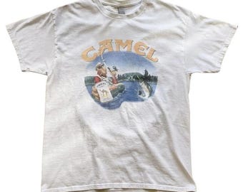 Camel Smoking Joe Fly Fishing White Tee, Vintage Promo Tee From The 90s Y2k Era