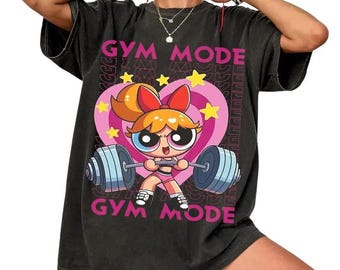 Vintage Powerpuff Girls Blossom Gym Mode Flower Graphic T-Shirt, Funny Fitness Graphic Tee, Retro 90s Cartoon Gym Shirt, Gift for Gym Lovers