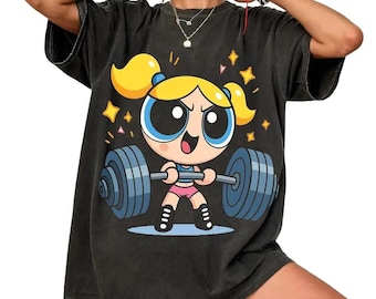 Cute Powerpufff Bubbles Strong Girl Gym Graphic T-Shirt, Y2K #Powerpuf Fitness, Bodybuilding Shirt, Pump Cover Gym Tee for Men Women