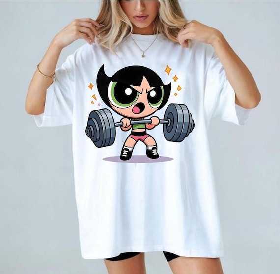 Powerpuff Girls Bubleess Vintage Gym Girl T-shirt, Cartoon Character Shirt, Bodybuilding Shirt, Women, Streetwear, Unisex Cotton