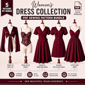 Op de afbeelding: Afbeelding van een collectie damesjurkpatronen, waaronder een crop top met strik, een korset, een wikkel midi-jurk, een pofmouwjurk en een cami-jurk. De jurken zijn dieprood van kleur en worden op paspoppen getoond. De afbeelding bevat de tekst "Women's Dress Collection".
