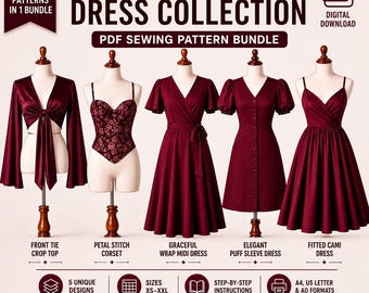 Puede incluir: Imagen de una colección de patrones de vestidos para mujer, que incluye un top corto con lazo, un corsé, un vestido midi cruzado, un vestido con mangas abullonadas y un vestido cami. Los vestidos son de color rojo oscuro y se muestran en maniquíes. El texto dice "Women's Dress Collection".