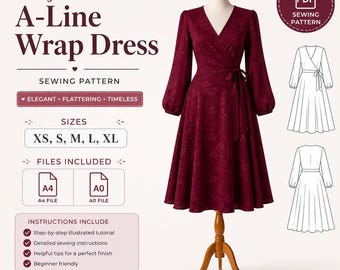 Puede incluir: Un patrón de costura digital para un vestido cruzado de corte en A con mangas largas en color burdeos profundo con un sutil estampado floral. Incluye etiquetas de texto, tallas de XS a XL, iconos de archivos A4 y A0 y dibujos técnicos.