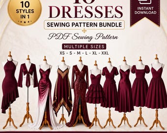 Puede incluir: Un paquete de patrones de costura digitales con 10 estilos de vestidos en tallas de la XS a la XXL. La imagen muestra 10 vestidos granates en maniquíes, con varios escotes, largos de manga y siluetas de falda, junto al texto de descarga inmediata.