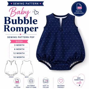 May include: A navy blue baby bubble romper with a white polka dot pattern, featuring a sleeveless design, a front slit with a single button, and a snap-closure crotch. The image includes text: Sewing Pattern, Baby Bubble Romper, PDF, Digital Download, Sizes 3, 6, 12, 18 Month, Front, Back, A4 Format Print at Home, Easy to Follow, Beginner Friendly, Sew Something Cute.