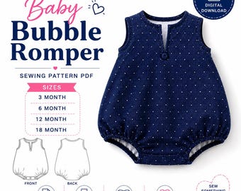 Puede incluir: Un pelele para bebé azul marino con estampado de lunares blancos, diseño sin mangas, una abertura frontal con un botón y cierre de corchetes en la entrepierna. La imagen incluye el texto: Sewing Pattern, Baby Bubble Romper, PDF, Digital Download, Sizes 3, 6, 12, 18 Month, Front, Back, A4 Format Print at Home, Easy to Follow, Beginner Friendly, Sew Something Cute.