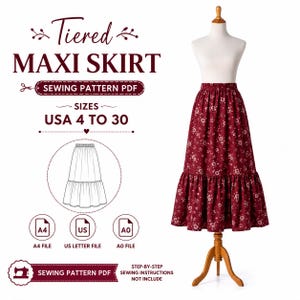 May include: A PDF sewing pattern for a tiered maxi skirt in sizes USA 4 to 30. The image displays a maroon skirt with a white floral print on a mannequin, a line drawing of the skirt, and icons for A4, US Letter, and A0 file formats.