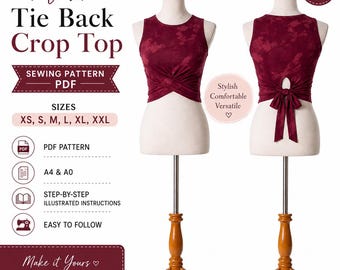 Puede incluir: Un patrón de costura digital para un top corto con lazo en la espalda en estampado tie-dye rojo oscuro. El patrón incluye tallas de XS a XXL, archivos PDF para impresión A4 y A0, e instrucciones ilustradas paso a paso para principiantes.