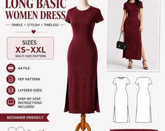 Patrón de costura en PDF para vestido largo básico de mujer, tallas XS-2XL, ideal para principiantes (descarga digital).