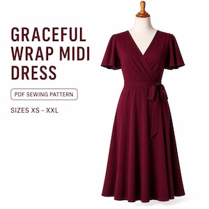 May include: A burgundy wrap midi dress with flutter sleeves and a tie waist is displayed on a mannequin. The dress has a V-neckline and a flowing skirt. Text on the left reads "GRACEFUL WRAP MIDI DRESS" and "PDF SEWING PATTERN" with sizes XS-XXL.