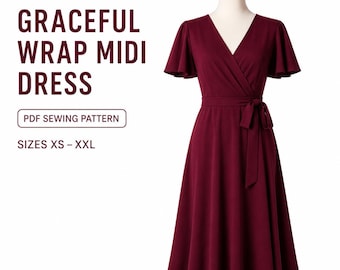 May include: A burgundy wrap midi dress with flutter sleeves and a tie waist is displayed on a mannequin. The dress has a V-neckline and a flowing skirt. Text on the left reads "GRACEFUL WRAP MIDI DRESS" and "PDF SEWING PATTERN" with sizes XS-XXL.