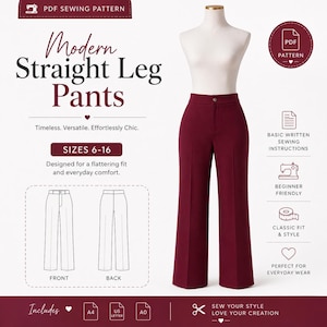 Könnte beinhalten: Ein PDF-Schnittmuster für eine moderne Hose mit geradem Bein in den Größen 6-16. Das Bild zeigt eine Schaufensterpuppe in einer tiefburgunderroten Hose mit hoher Taille, Knopfverschluss und gerader Silhouette sowie technische Zeichnungen.