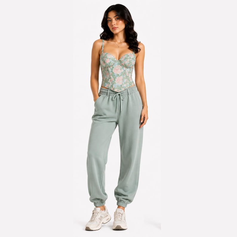 May include: A woman wearing a floral print corset top and light green sweatpants. The corset has a sweetheart neckline and thin straps. The sweatpants have a drawstring waist and elastic cuffs. The woman is wearing white sneakers.