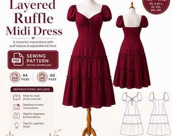 Puede incluir: Un patrón de costura digital para un vestido midi de volantes superpuestos en color rojo oscuro. El diseño incluye mangas abullonadas, escote corazón con lazo frontal y falda escalonada. Incluye vistas frontal y trasera, tallas XS-4XL.